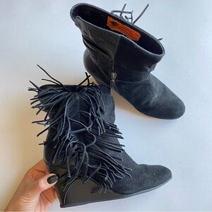 Harley-Davidson Size 6 Black Genuine Leather Round Toe Fringe Siding Wedge Boot